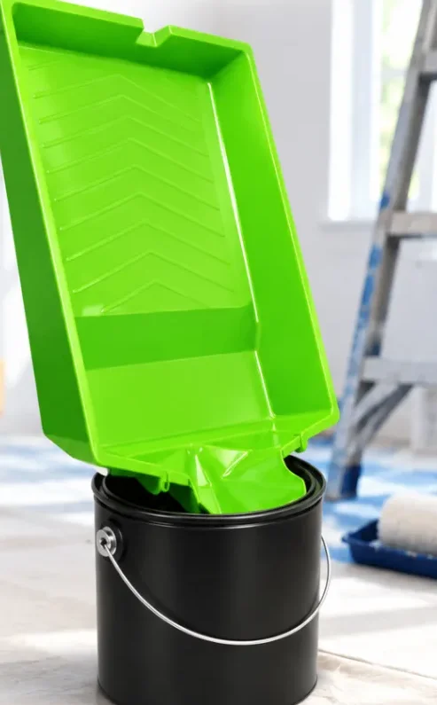 SmarTray flipped over a paint can so leftover paint can drain back inside